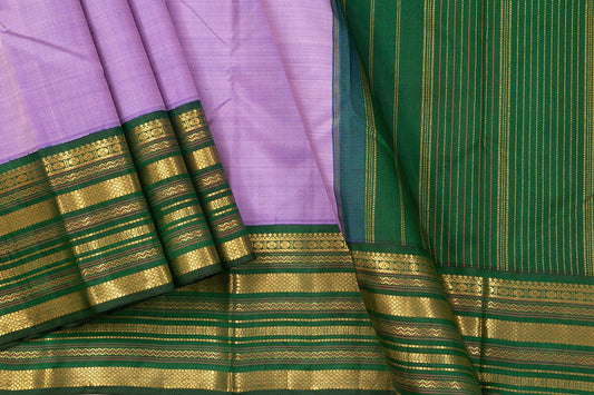 Lavender And Green Kanchipuram Silk Saree With Medium Border Handwoven Pure Silk For Wedding Wear PV J 566 - Silk Sari - Panjavarnam
