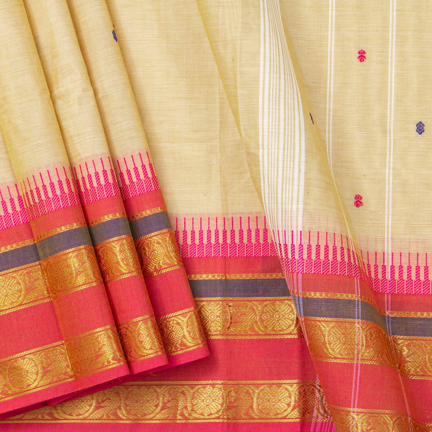 Off White And Pink Kanchi Cotton Saree For Festive Wear PV MM KC 544