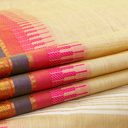 Off White And Pink Kanchi Cotton Saree For Festive Wear PV MM KC 544