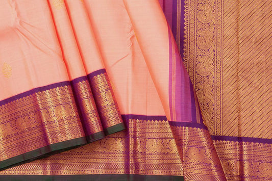 Pastel Peach And Purple Kanchipuram Silk Saree With Medium Border Handwoven Pure Silk For Wedding Wear PV J 569 - Silk Sari - Panjavarnam