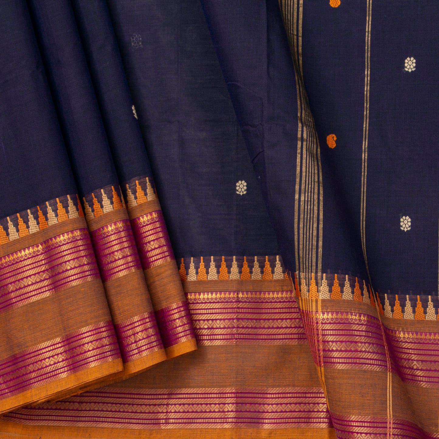 Blue And Mustard Kanchi Cotton Saree For Festive Wear PV MM KC 505
