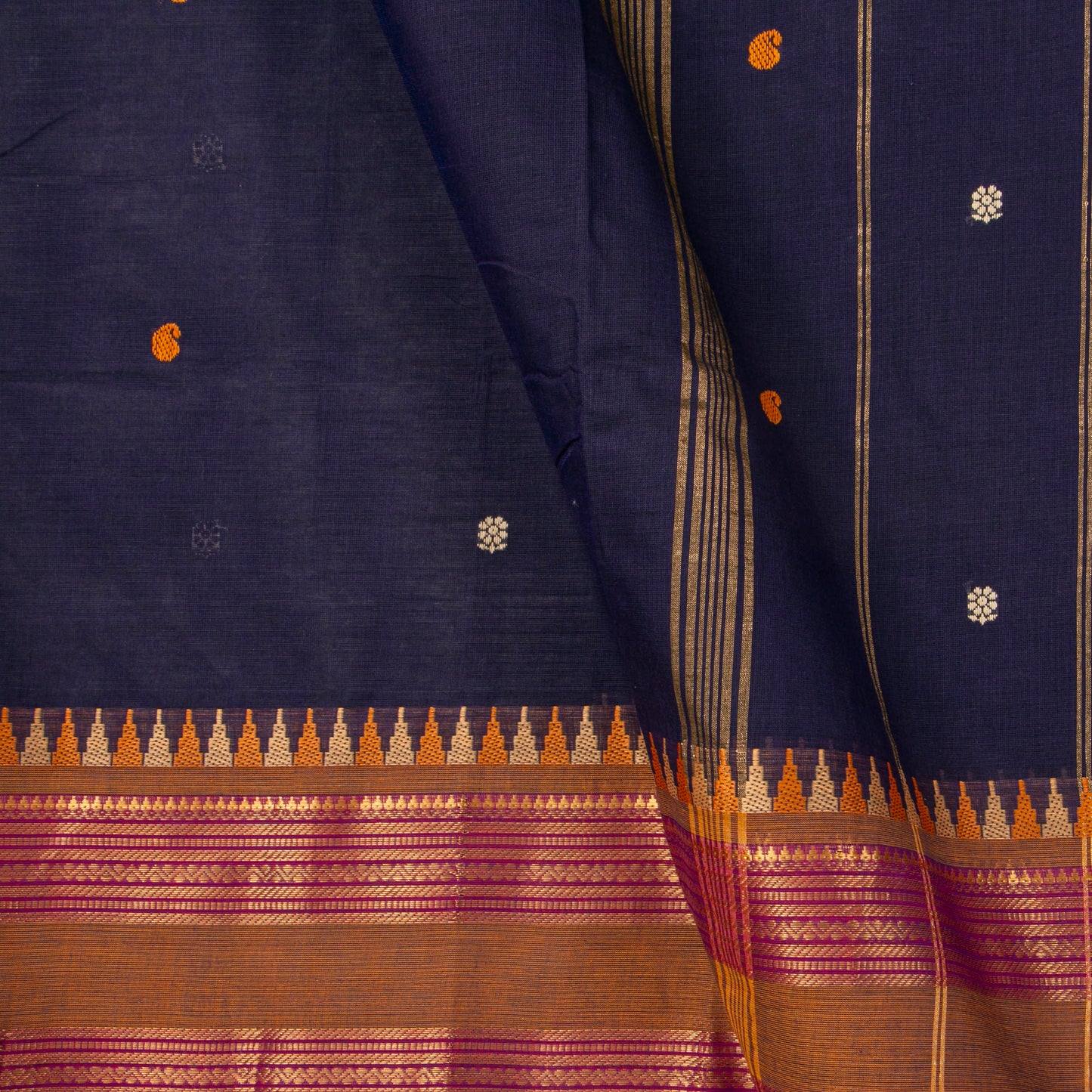 Blue And Mustard Kanchi Cotton Saree For Festive Wear PV MM KC 505