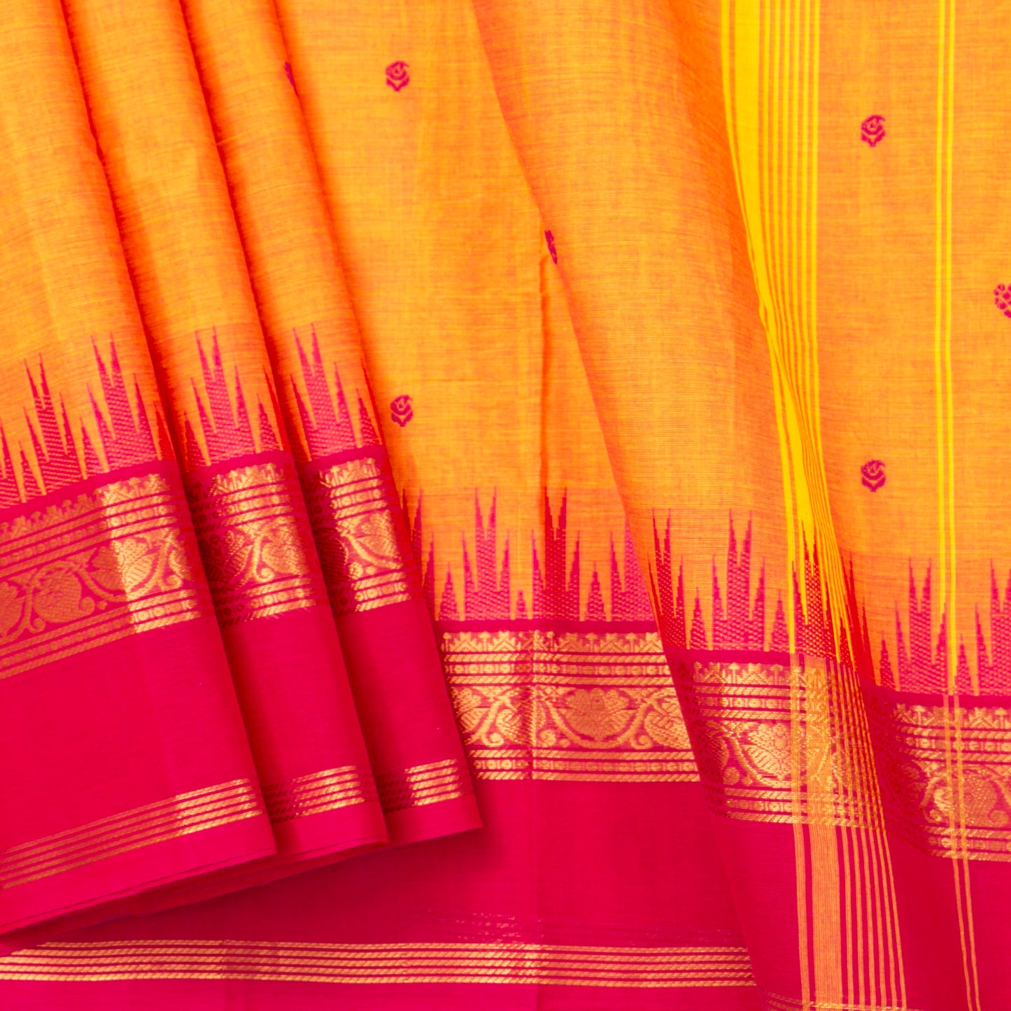Yellow And Pink Kanchi Cotton Saree For Festive Wear PV MM KC 513