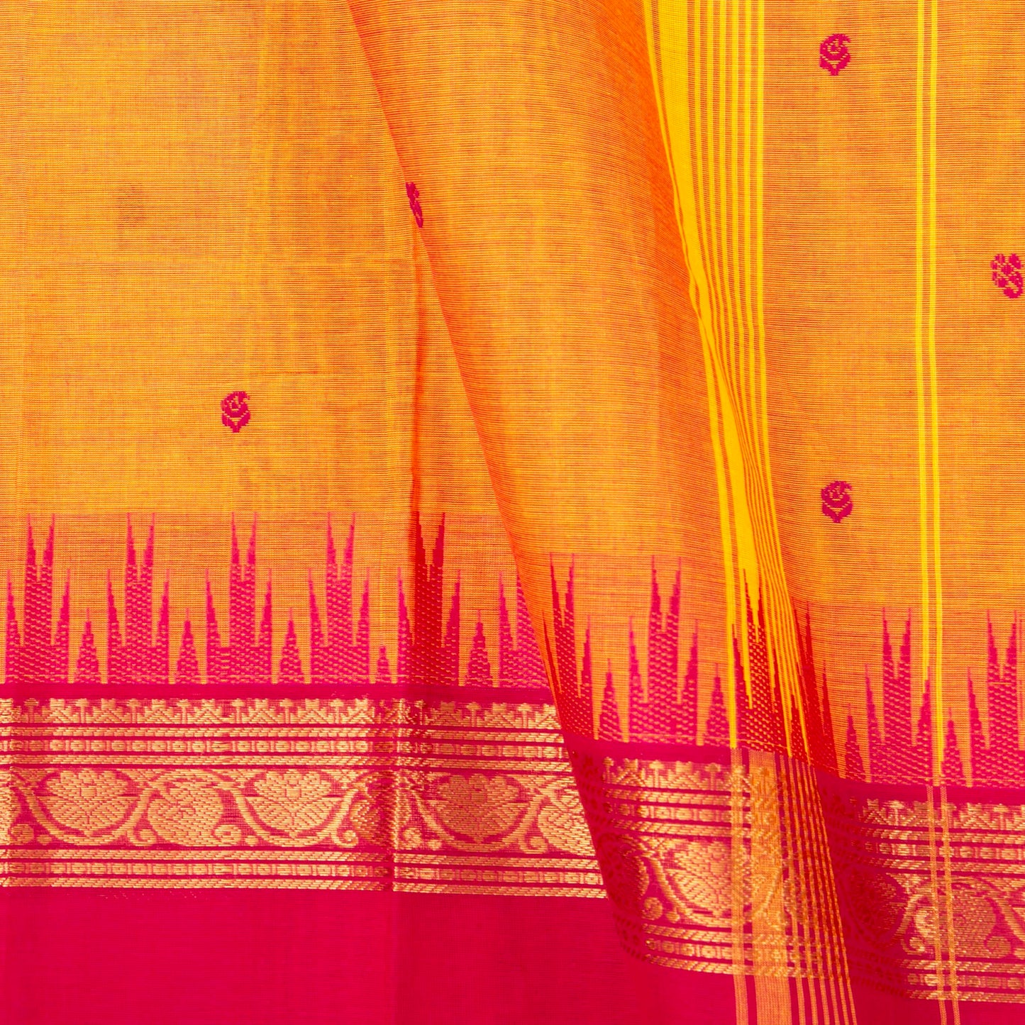 Yellow And Pink Kanchi Cotton Saree For Festive Wear PV MM KC 513