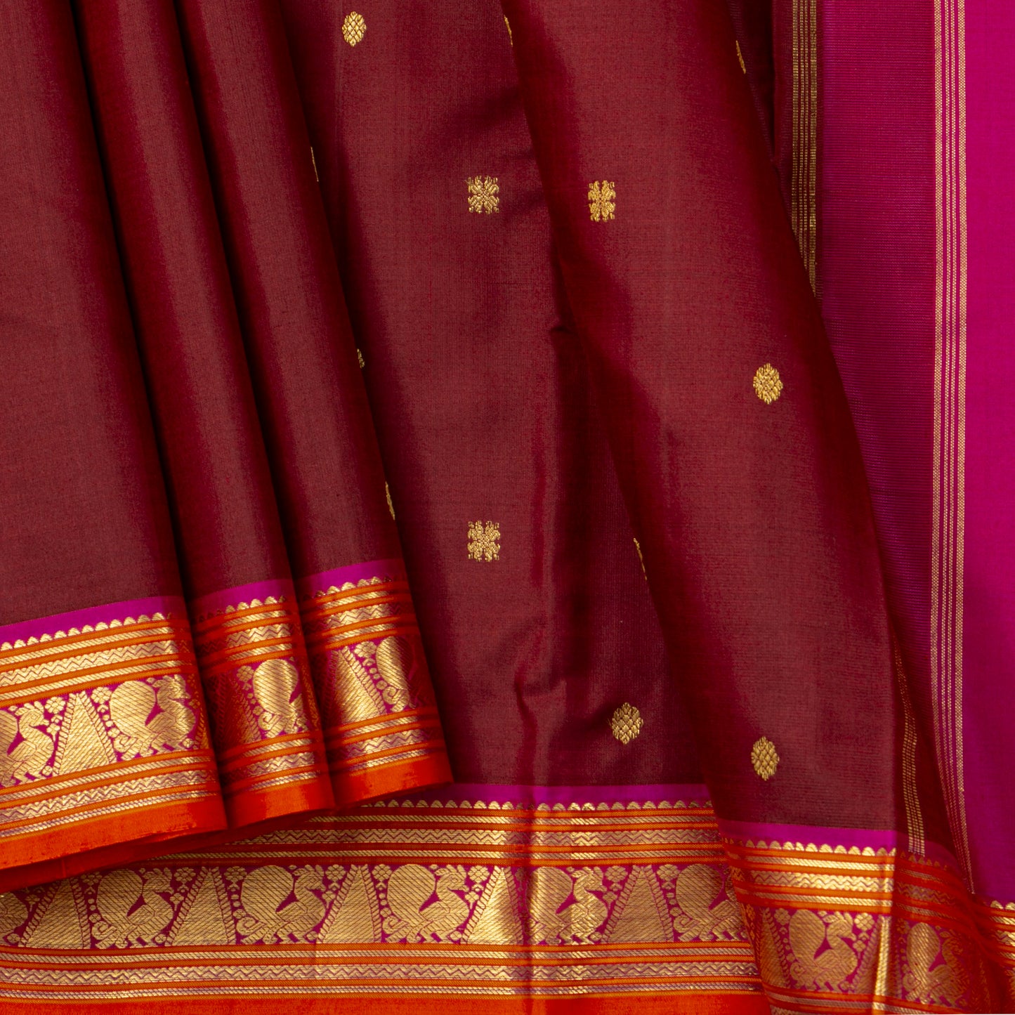 Maroon And Pink Kanchipuram Silk Saree For Festive Wear PV J 2048