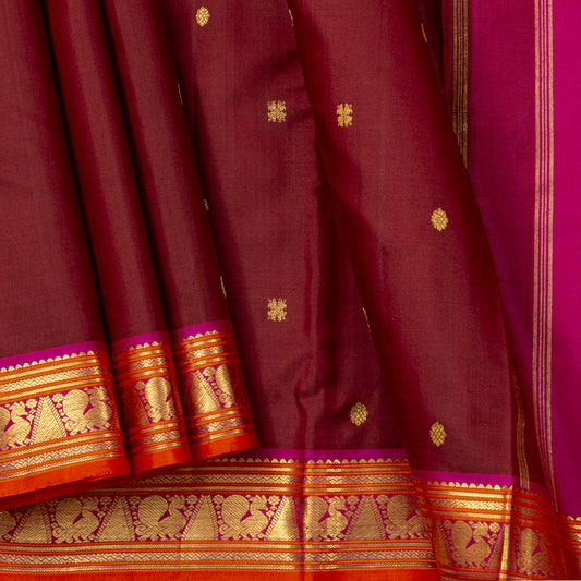 Maroon And Pink Kanchipuram Silk Saree For Festive Wear PV J 2048