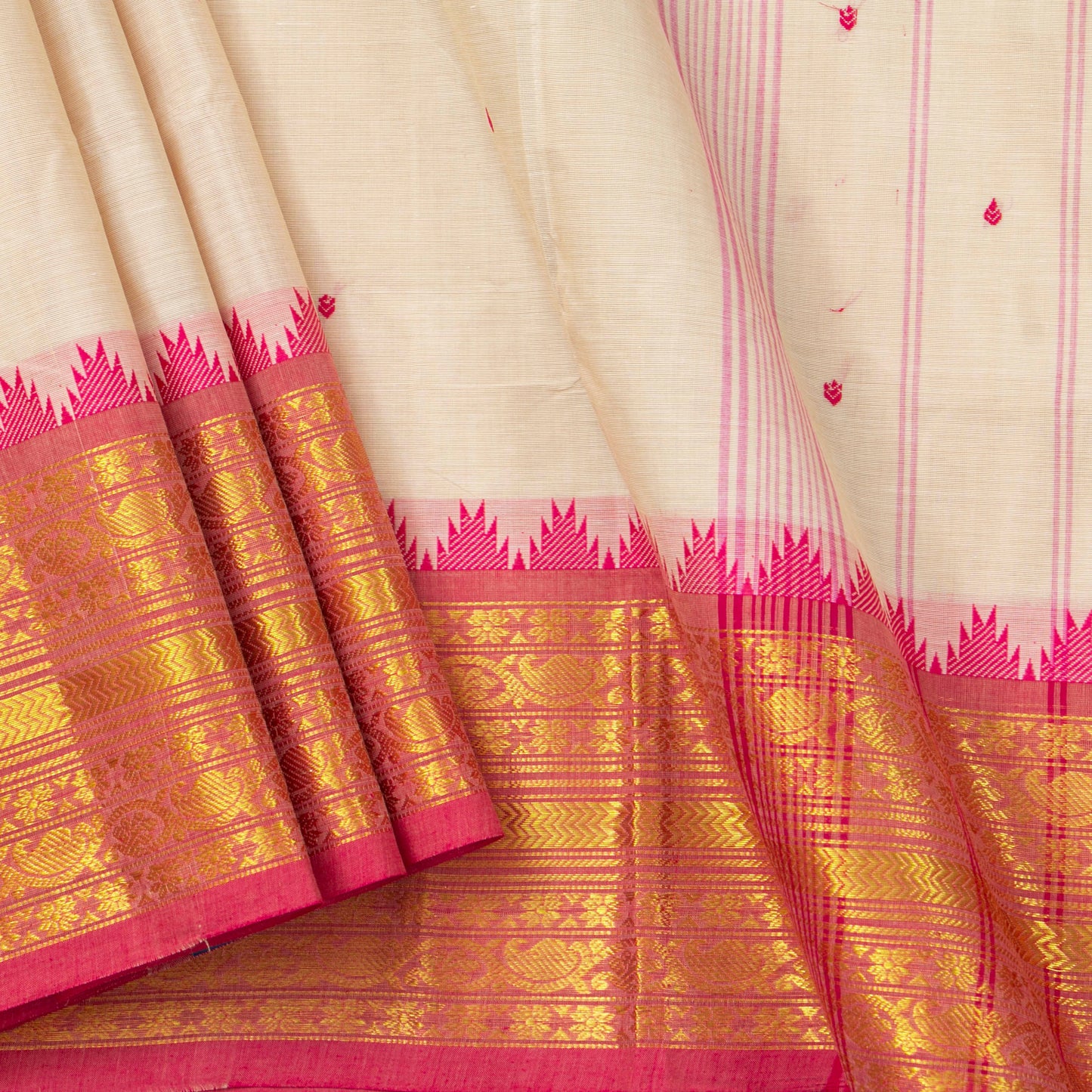 Off White And Pink Kanchi Cotton Saree For Festive Wear PV MM KC 526
