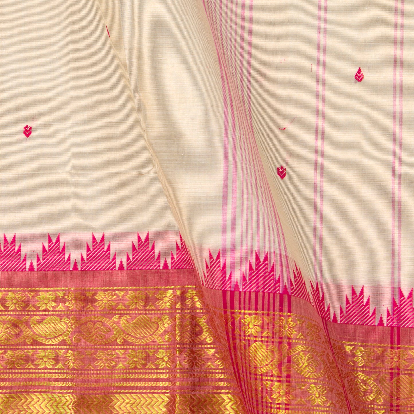 Off White And Pink Kanchi Cotton Saree For Festive Wear PV MM KC 526