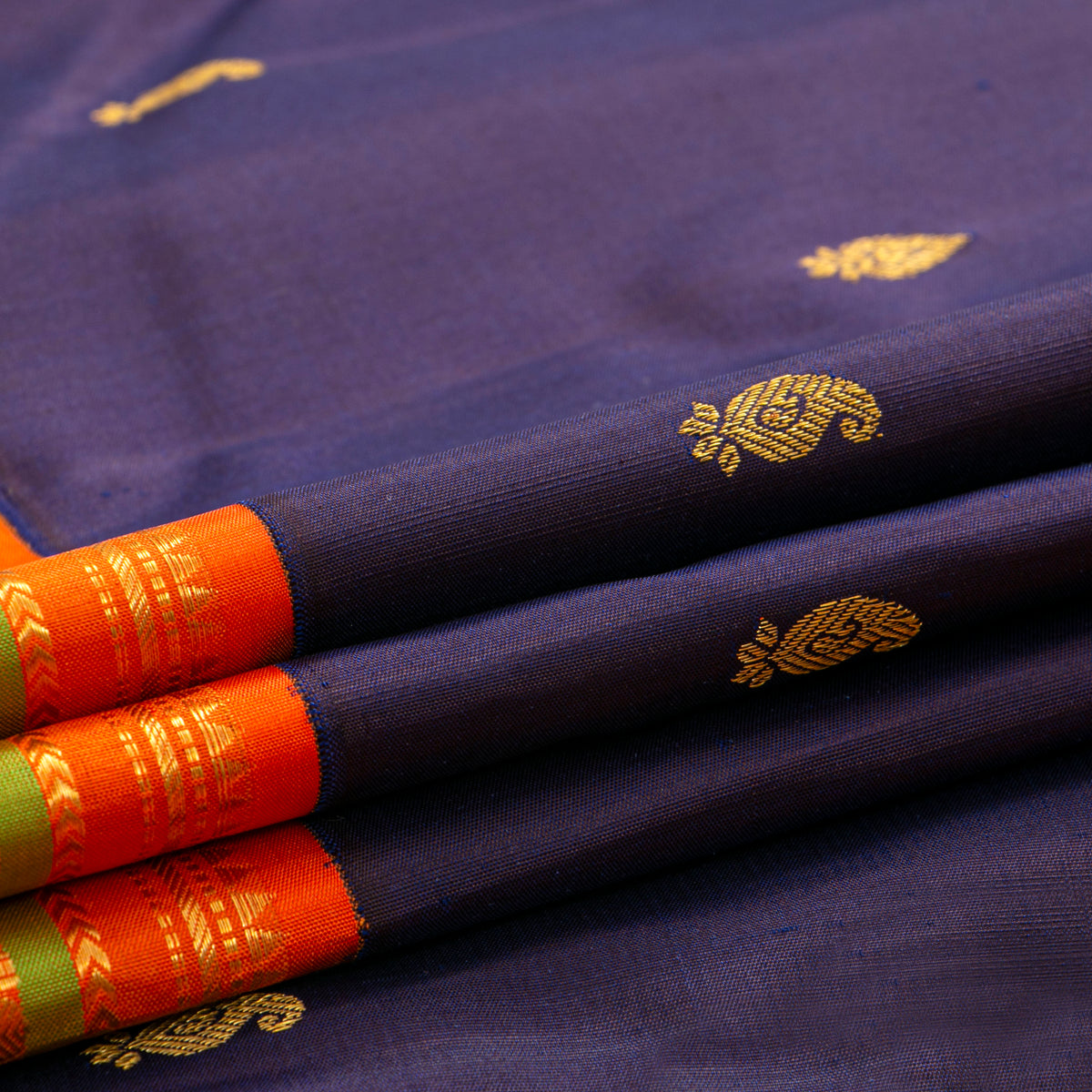 Blue And Orange Kanchipuram Silk Saree For Festive Wear PV J 1549