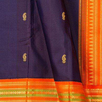 Blue And Orange Kanchipuram Silk Saree For Festive Wear PV J 1549