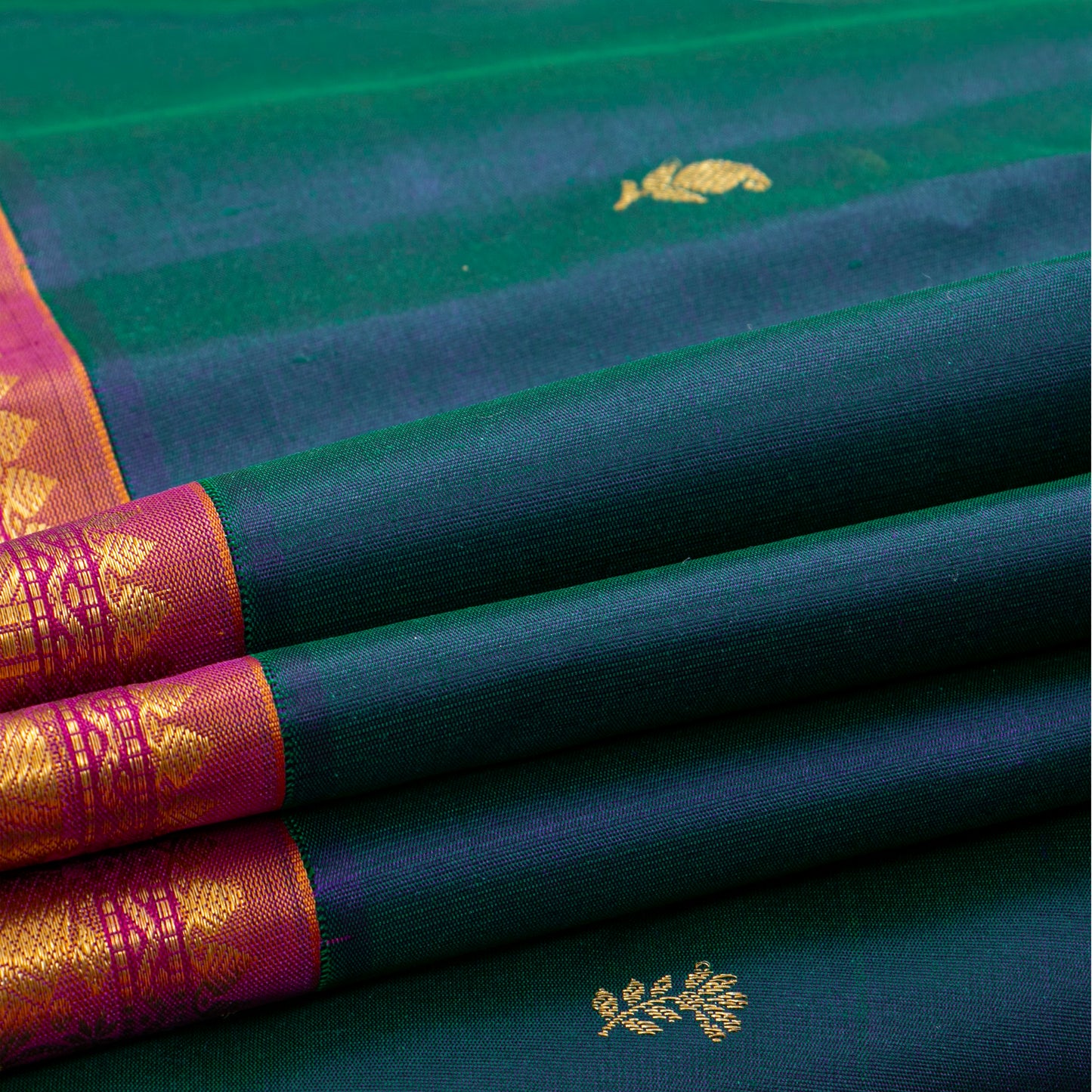 Dark Teal Green And Purple Kanchipuram Silk Saree For Wedding Wear PV J 1018