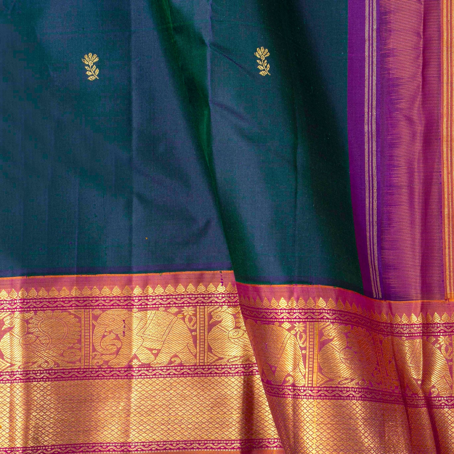 Dark Teal Green And Purple Kanchipuram Silk Saree For Wedding Wear PV J 1018