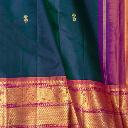 Dark Teal Green And Purple Kanchipuram Silk Saree For Wedding Wear PV J 1018