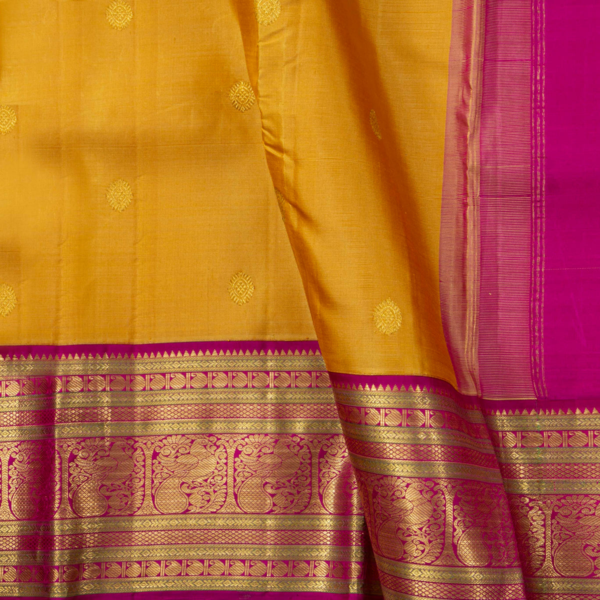 Mustard And Pink Kanchipuram Silk Saree For Festive Wear PV J 2044