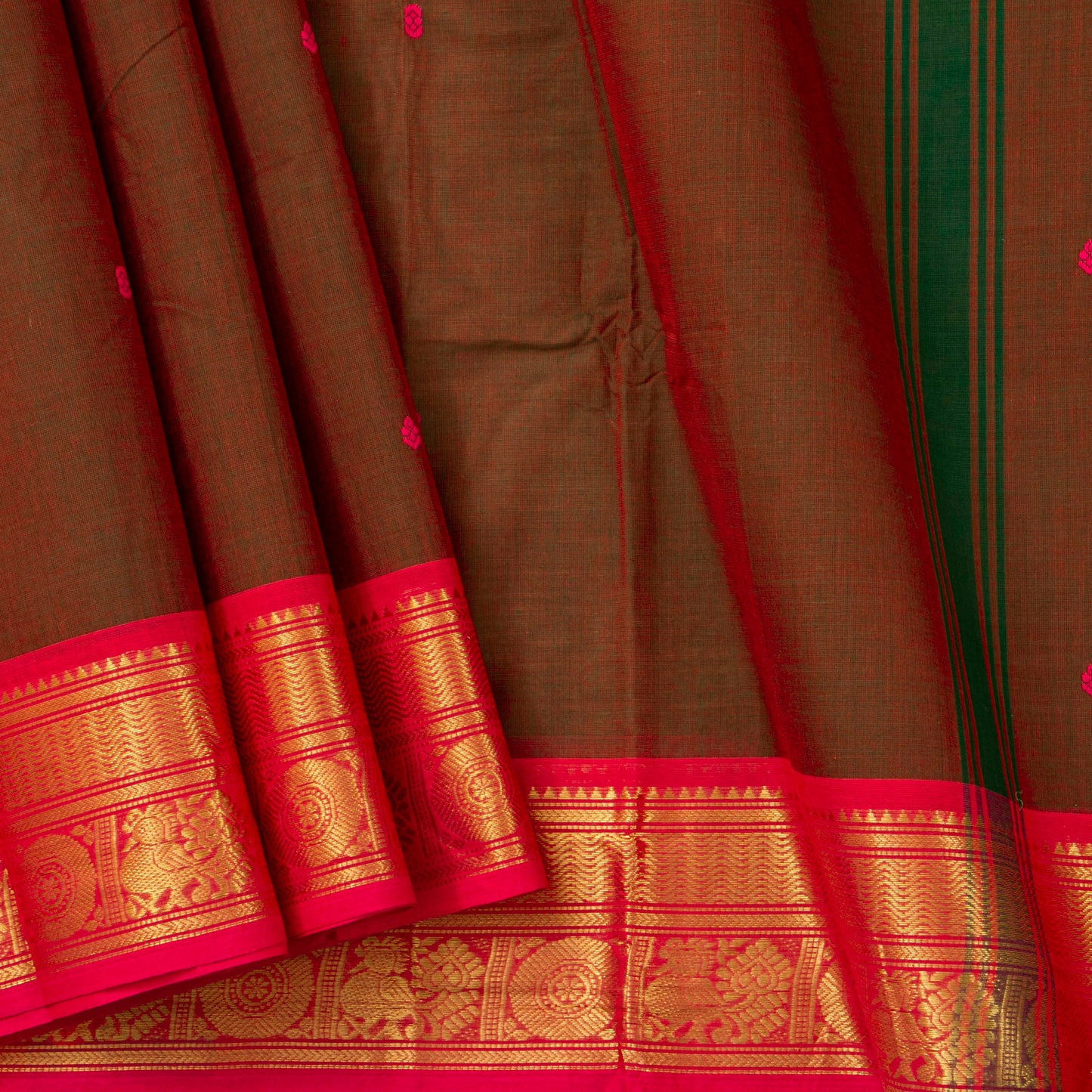 Brown And Pink Kanchi Cotton Saree For Festive Wear PV MM KC 462