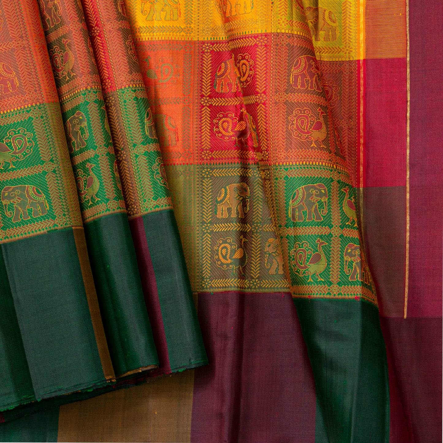 Multi Colour Checks Odisha Pattern Weave Kanchipuram Silk Saree For Festive Wear PV J 1874