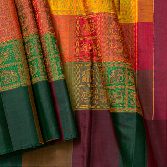 Multi Colour Checks Odisha Pattern Weave Kanchipuram Silk Saree For Festive Wear PV J 1874