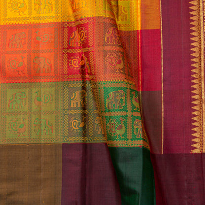 Multi Colour Checks Odisha Pattern Weave Kanchipuram Silk Saree For Festive Wear PV J 1874
