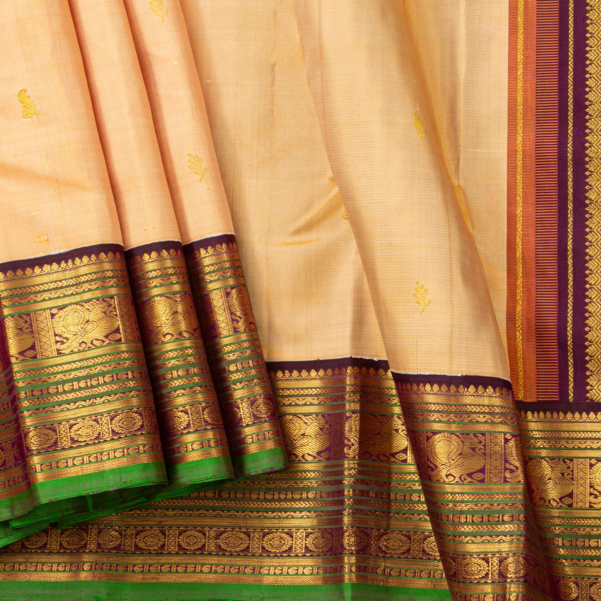 Beige And Magenta Kanchipuram Silk Saree For Festive Wear PV J 2043