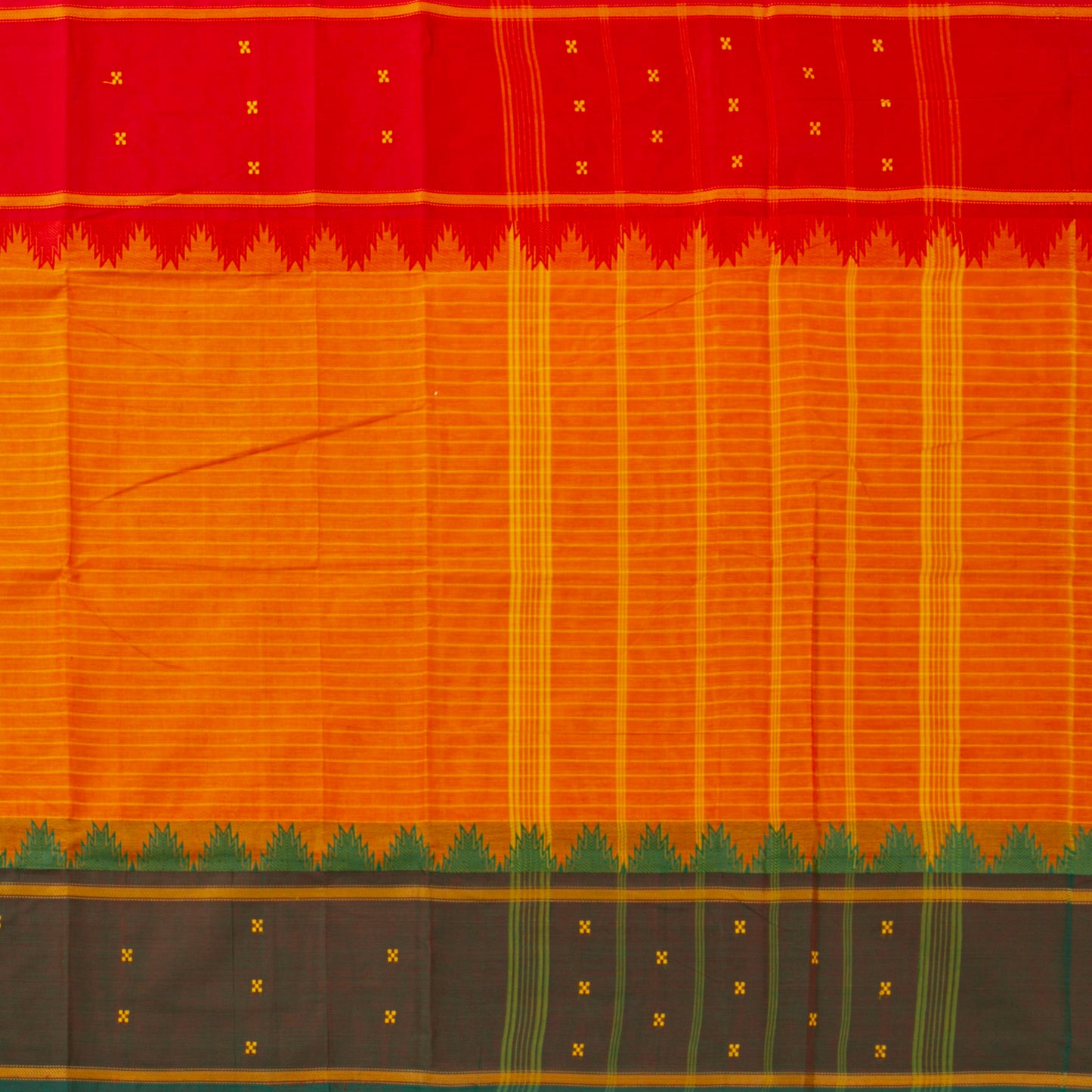 Mango Yellow Kanchi Cotton Saree With Green And Red Ganga Jamuna Border PV MM KC 198