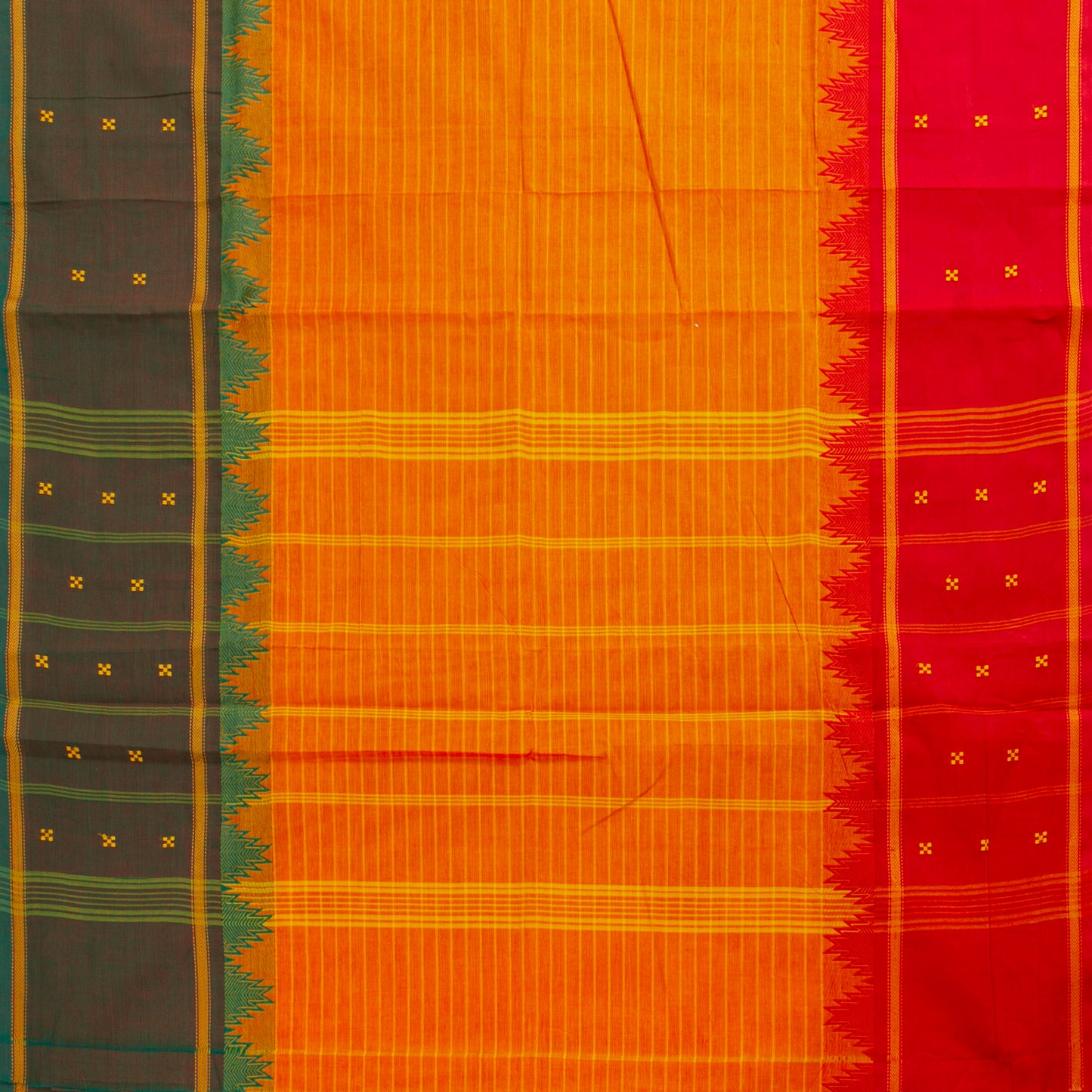 Mango Yellow Kanchi Cotton Saree With Green And Red Ganga Jamuna Border PV MM KC 198
