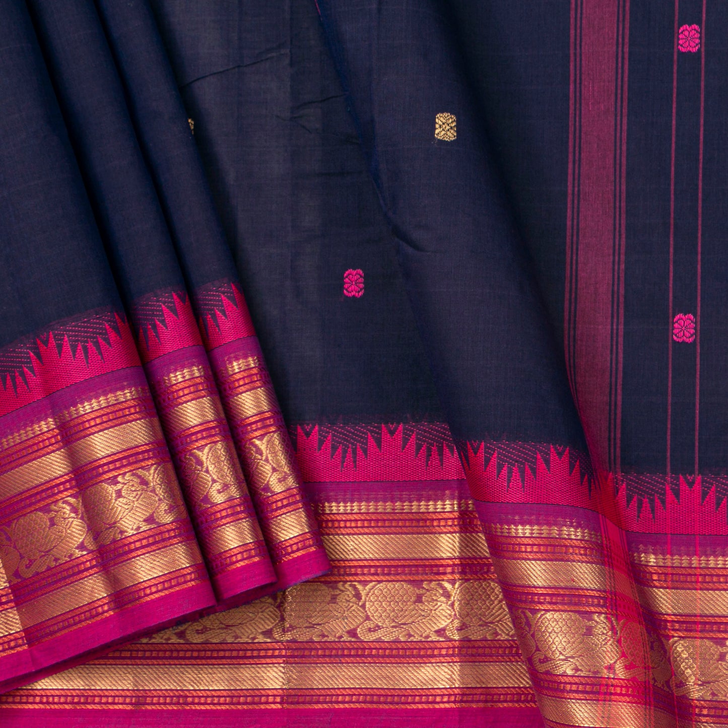 Blue And Pink Kanchi Cotton Saree For Festive Wear PV MM KC 562
