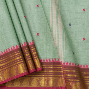 Pista Green And Brown Kanchi Cotton Saree WIth Ganga Jamuna Border For Festive Wear PV MM KC 427