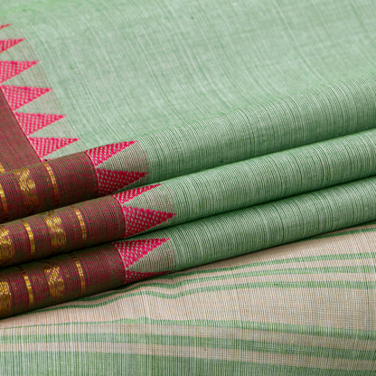 Pista Green And Brown Kanchi Cotton Saree WIth Ganga Jamuna Border For Festive Wear PV MM KC 427