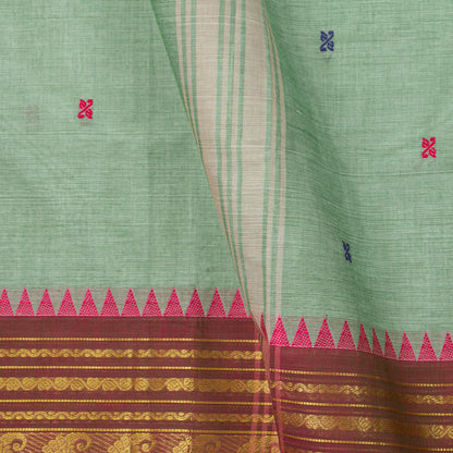 Pista Green And Brown Kanchi Cotton Saree WIth Ganga Jamuna Border For Festive Wear PV MM KC 427