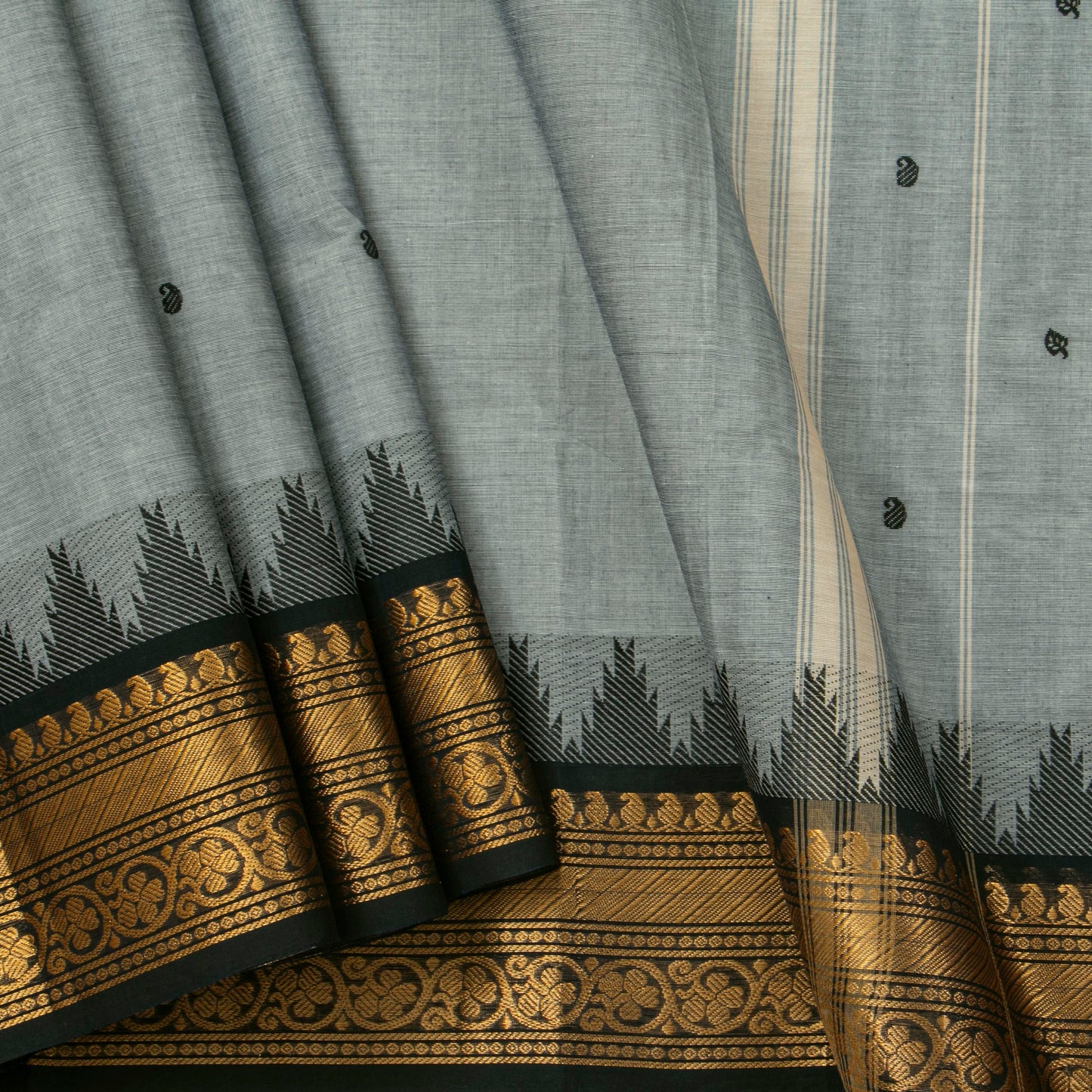 Grey And Black Kanchi Cotton Saree For Festive Wear PV MM KC 607