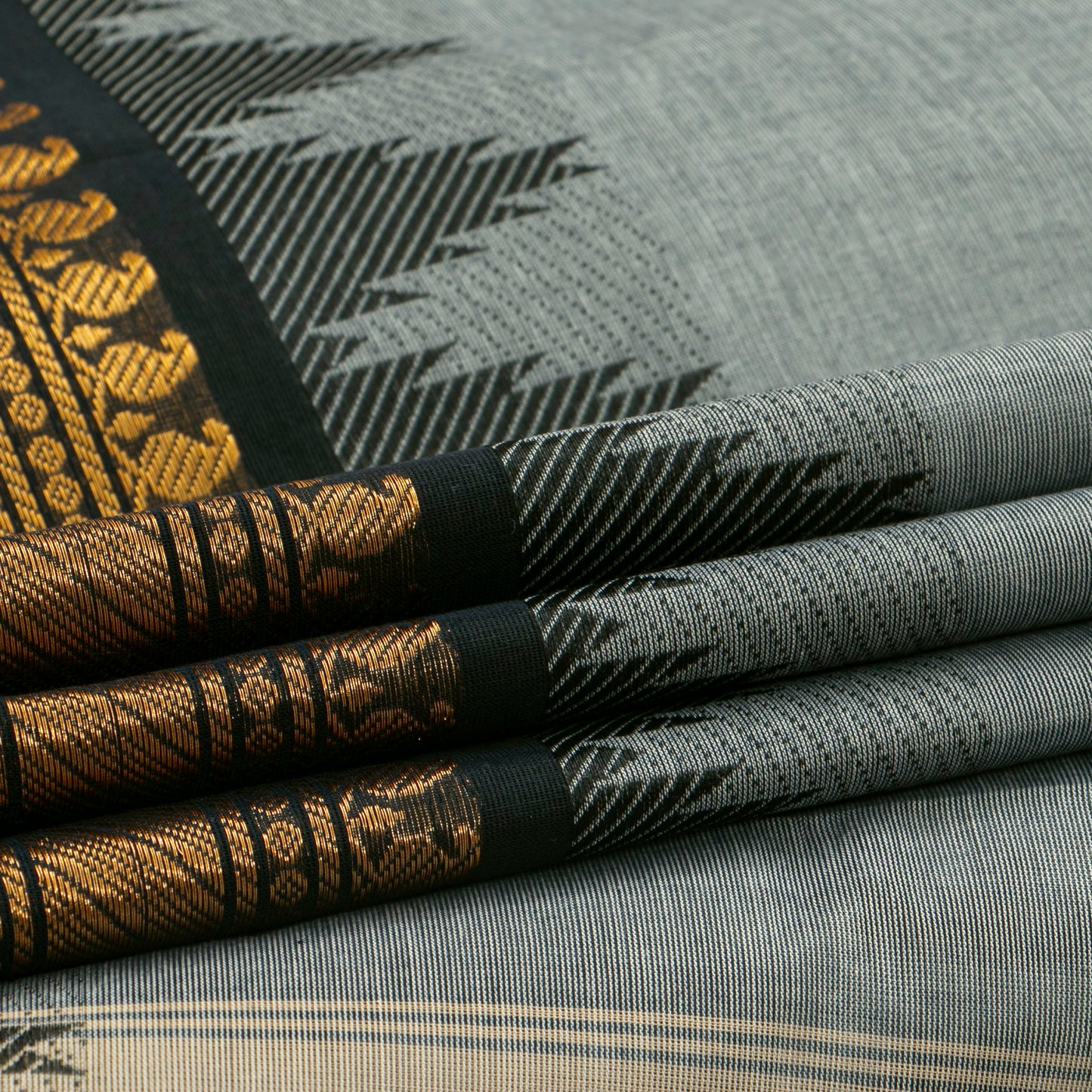 Grey And Black Kanchi Cotton Saree For Festive Wear PV MM KC 607