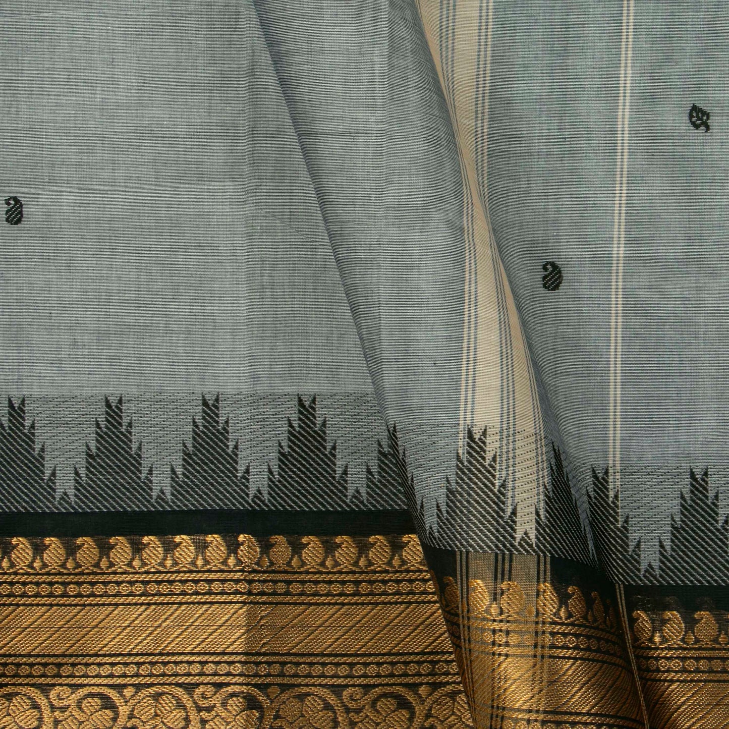 Grey And Black Kanchi Cotton Saree For Festive Wear PV MM KC 607
