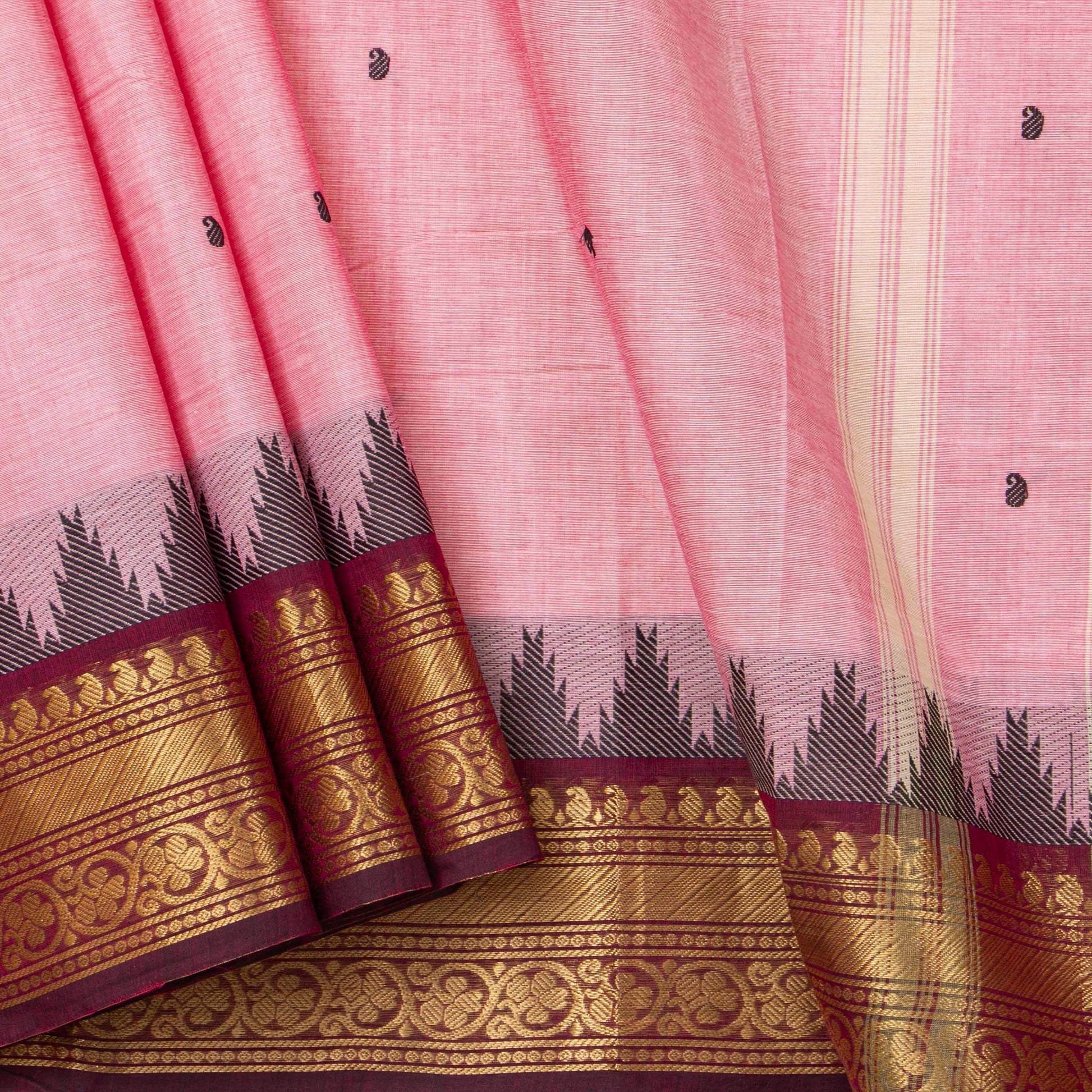 Pink And Maroon Kanchi Cotton Saree For Festive Wear PV MM KC 511 - Cotton Saree - Panjavarnam .PV MM KC 511