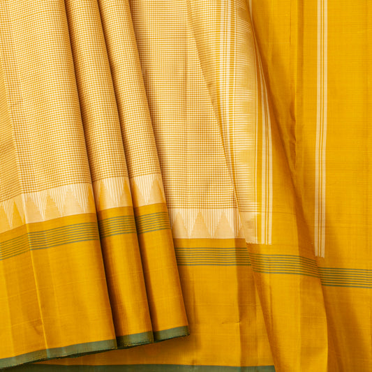 Beige And Yellow Checked Kanchipuram Silk Saree No Zari For Office Wear PV KNN 341