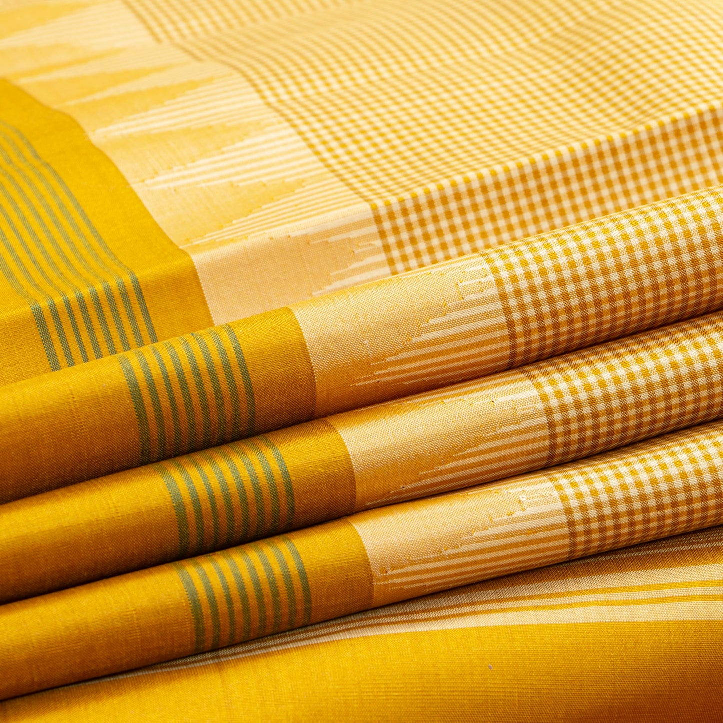 Beige And Yellow Checked Kanchipuram Silk Saree No Zari For Office Wear PV KNN 341