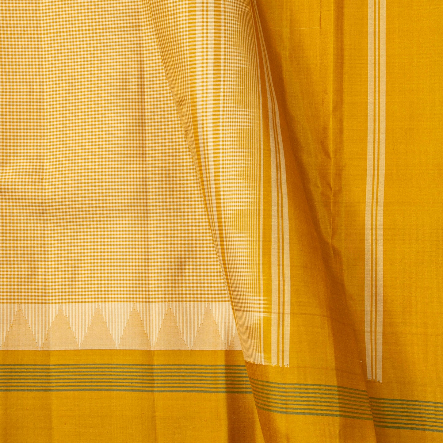 Beige And Yellow Checked Kanchipuram Silk Saree No Zari For Office Wear PV KNN 341