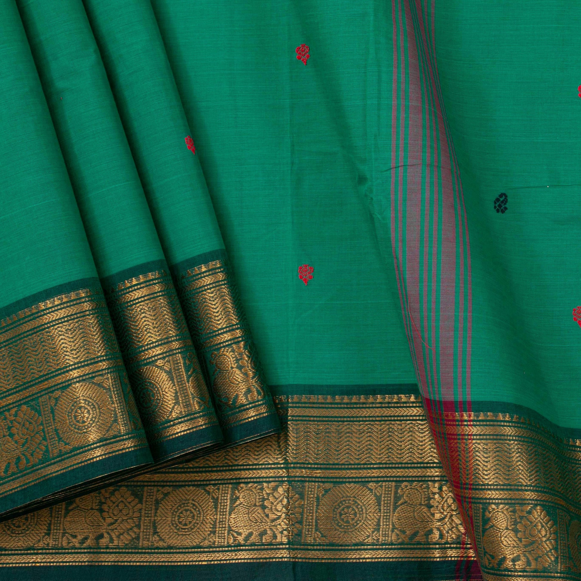 Green Kanchi Cotton Saree Ganga Jamuna Border For Festive Wear PV MM KC 498 - Cotton Saree - Panjavarnam PV MM KC 498