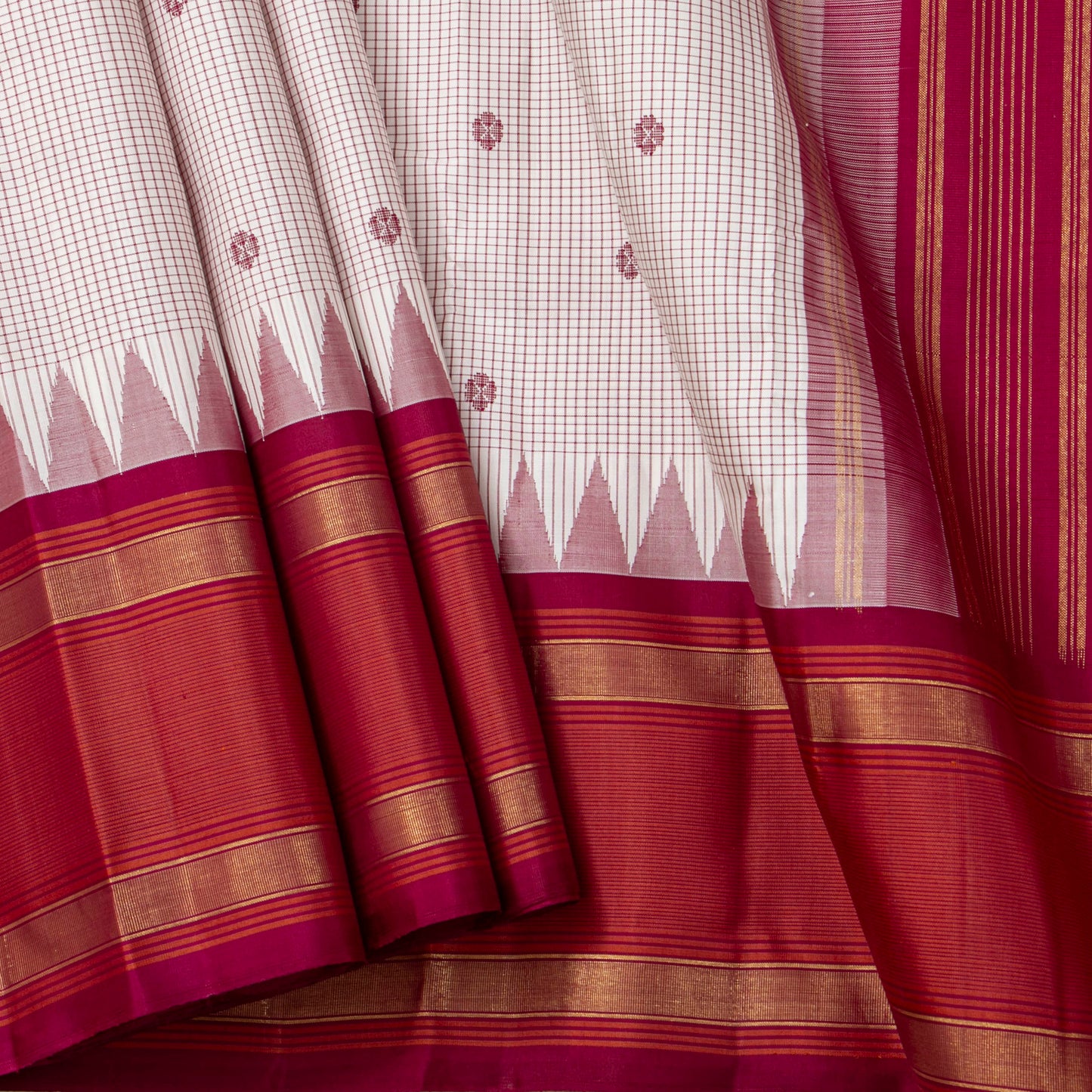 Off White And Red Kanchipuram Silk Saree For Festive Wear PV KNN 342