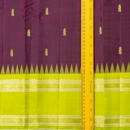 Purple And Lime Green Kanchipuram Silk Saree With Temple Korvai Ganga Jamuna Border For Festive Wear PV KNN 345