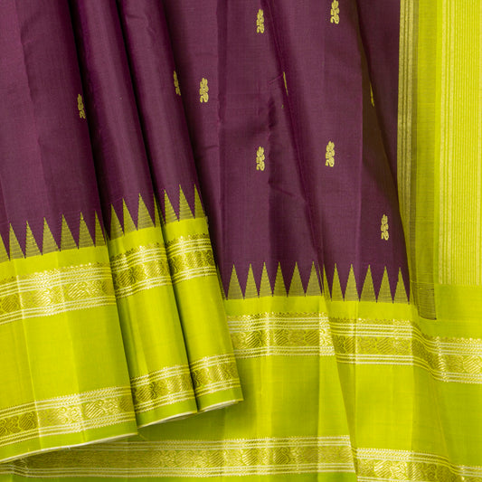 Purple And Lime Green Kanchipuram Silk Saree With Temple Korvai Ganga Jamuna Border For Festive Wear PV KNN 345