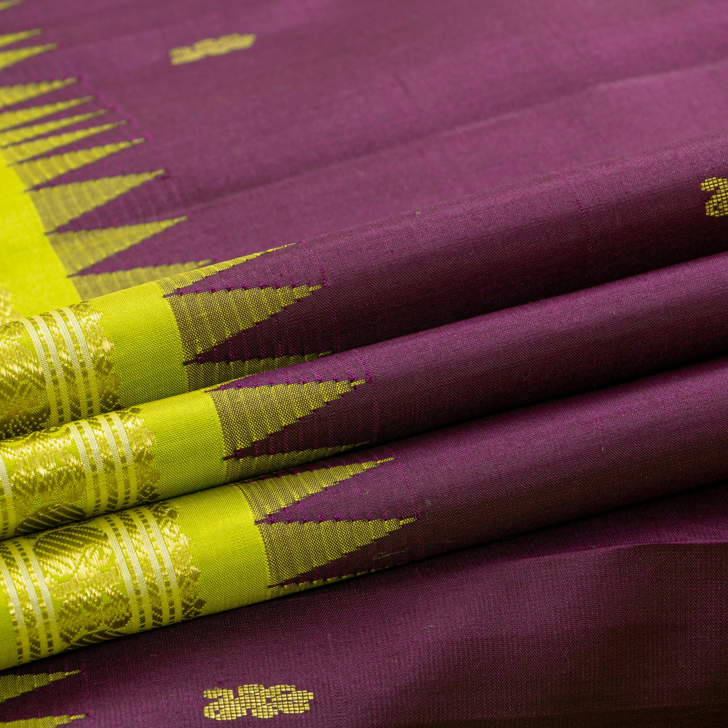 Purple And Lime Green Kanchipuram Silk Saree With Temple Korvai Ganga Jamuna Border For Festive Wear PV KNN 345