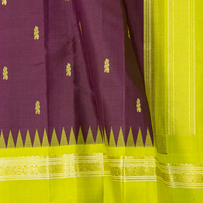 Purple And Lime Green Kanchipuram Silk Saree With Temple Korvai Ganga Jamuna Border For Festive Wear PV KNN 345