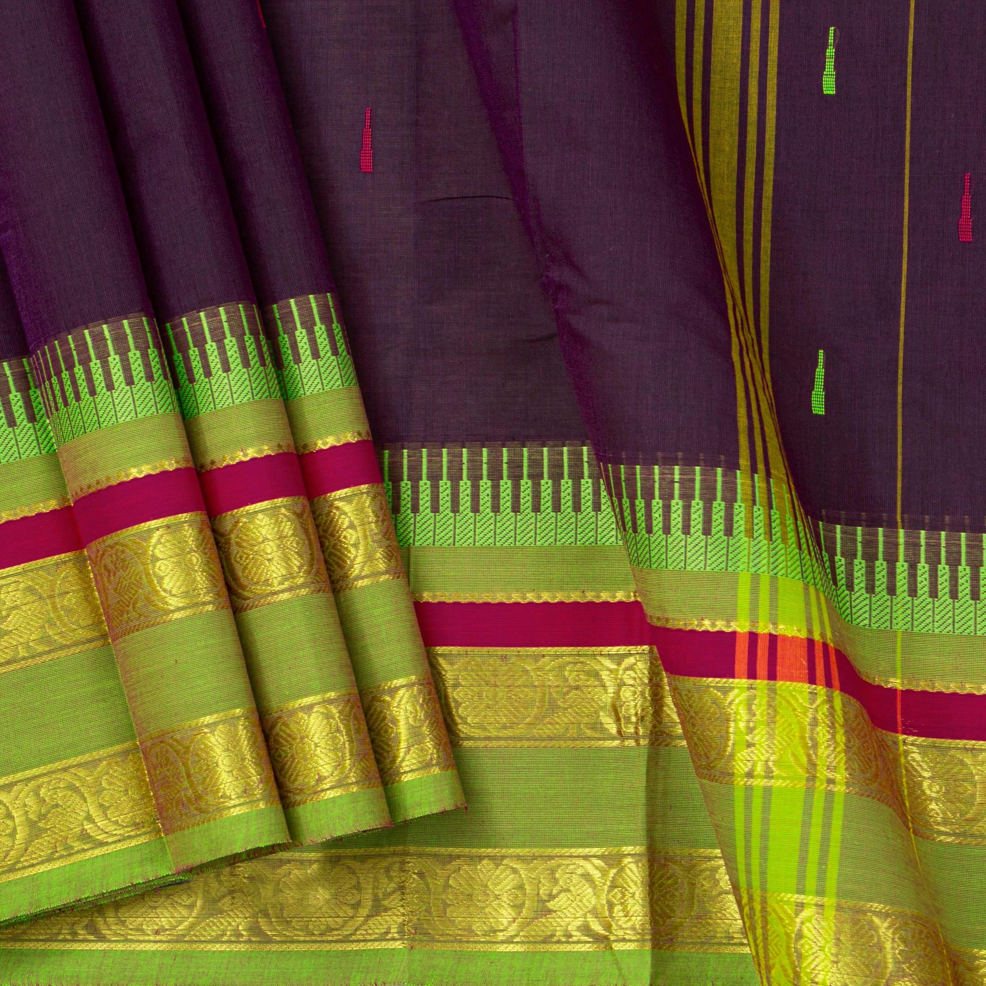 Purple And Green Kanchi Cotton Saree For Festive Wear PV MM KC 517 - Cotton Saree - Panjavarnam PV MM KC 517
