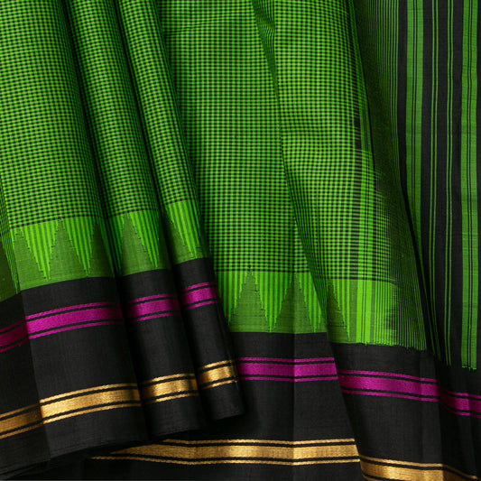 Emerald Green And Black Kanchipuram Silk Saree With Temple Korvai Border For Office Wear PV KNN 347