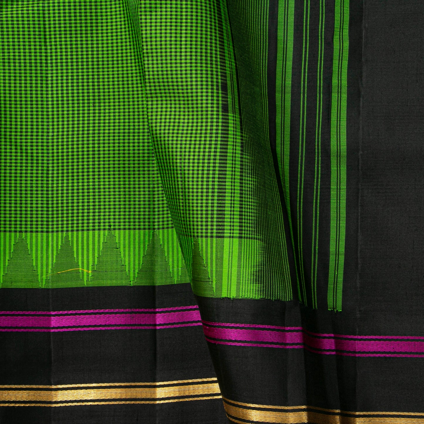 Emerald Green And Black Kanchipuram Silk Saree With Temple Korvai Border For Office Wear PV KNN 347