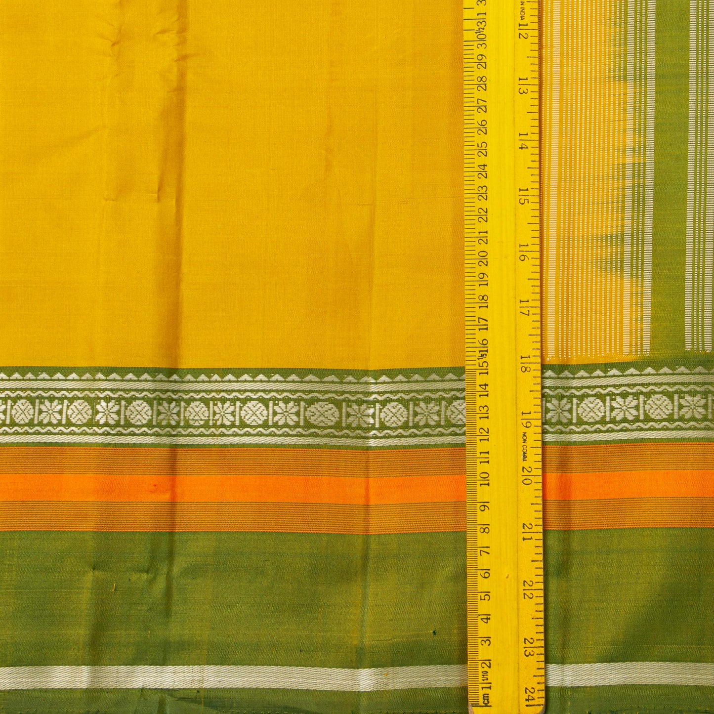Yellow Ochre And Green Kanchipuram Silk Saree For Festive Wear PV KNN 331