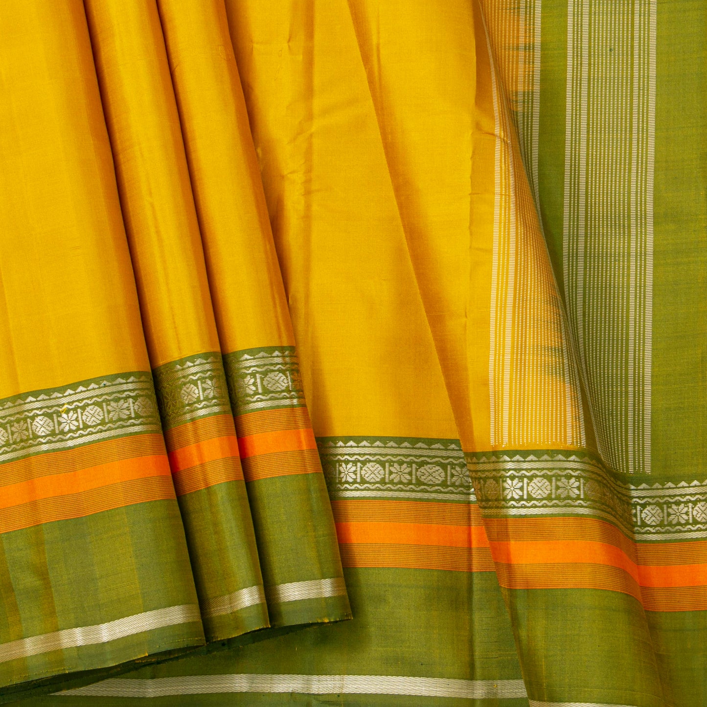 Yellow Ochre And Green Kanchipuram Silk Saree For Festive Wear PV KNN 331
