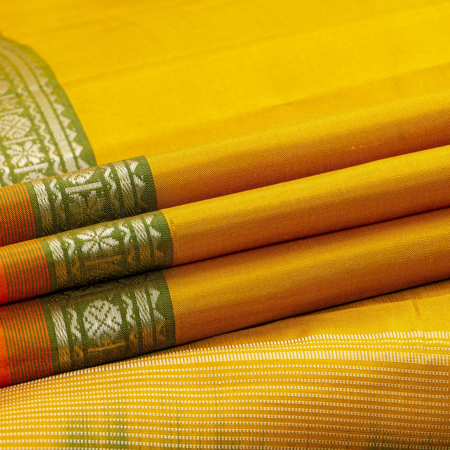 Yellow Ochre And Green Kanchipuram Silk Saree For Festive Wear PV KNN 331