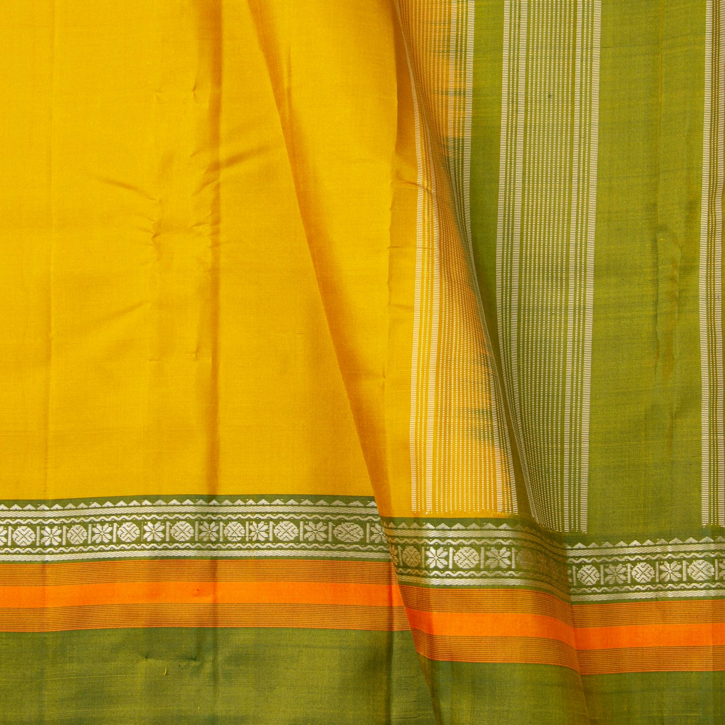 Yellow Ochre And Green Kanchipuram Silk Saree For Festive Wear PV KNN 331