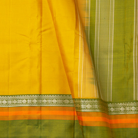 Yellow Ochre And Green Kanchipuram Silk Saree For Festive Wear PV KNN 331